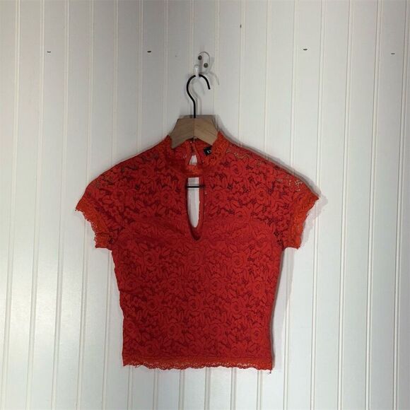 bebe Red Lace Keyhole Crop Top XS | Vintage Y2K Sheer Floral High Neck USA Made - Picture 1 of 7